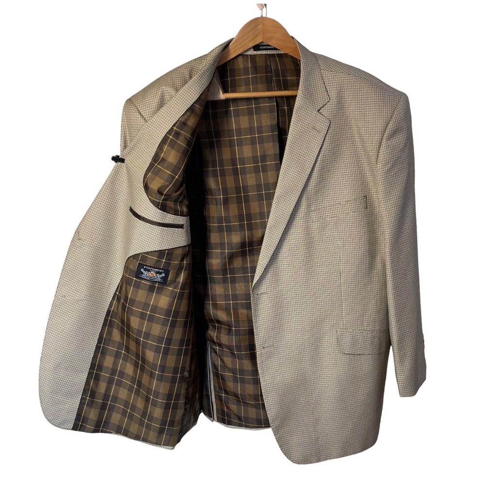 Statement Italy Mens 54L Blazer Super 150s Wool Tan Brown Micro Check Luxe *Read